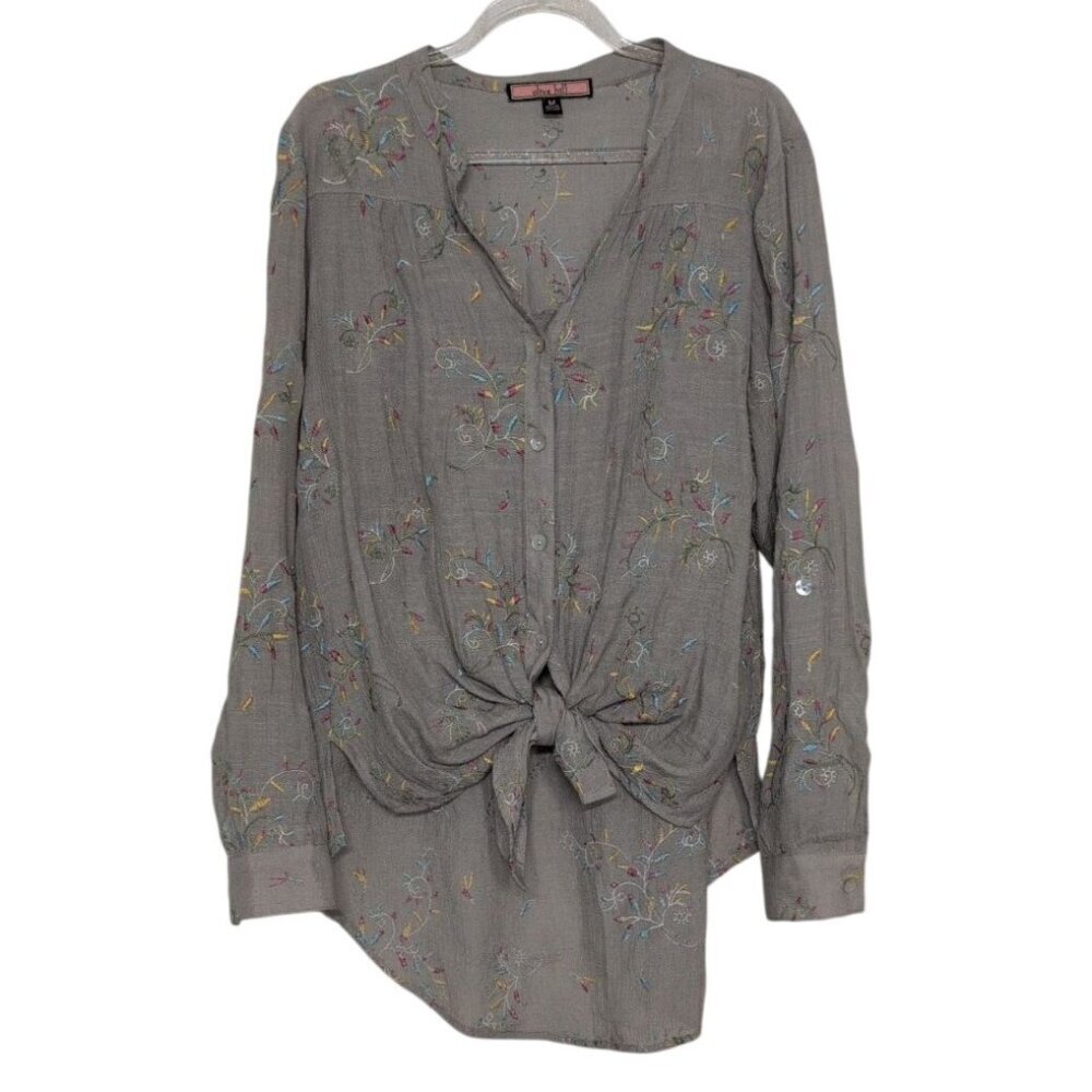 Olive Hill Embroidered Floral Shirt Womens Size Medium Green Roll Tab Sleeves - Picture 6 of 10